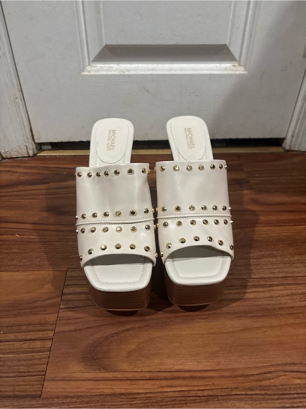 Michael Kors Cream Slide Mules with Gold Studs